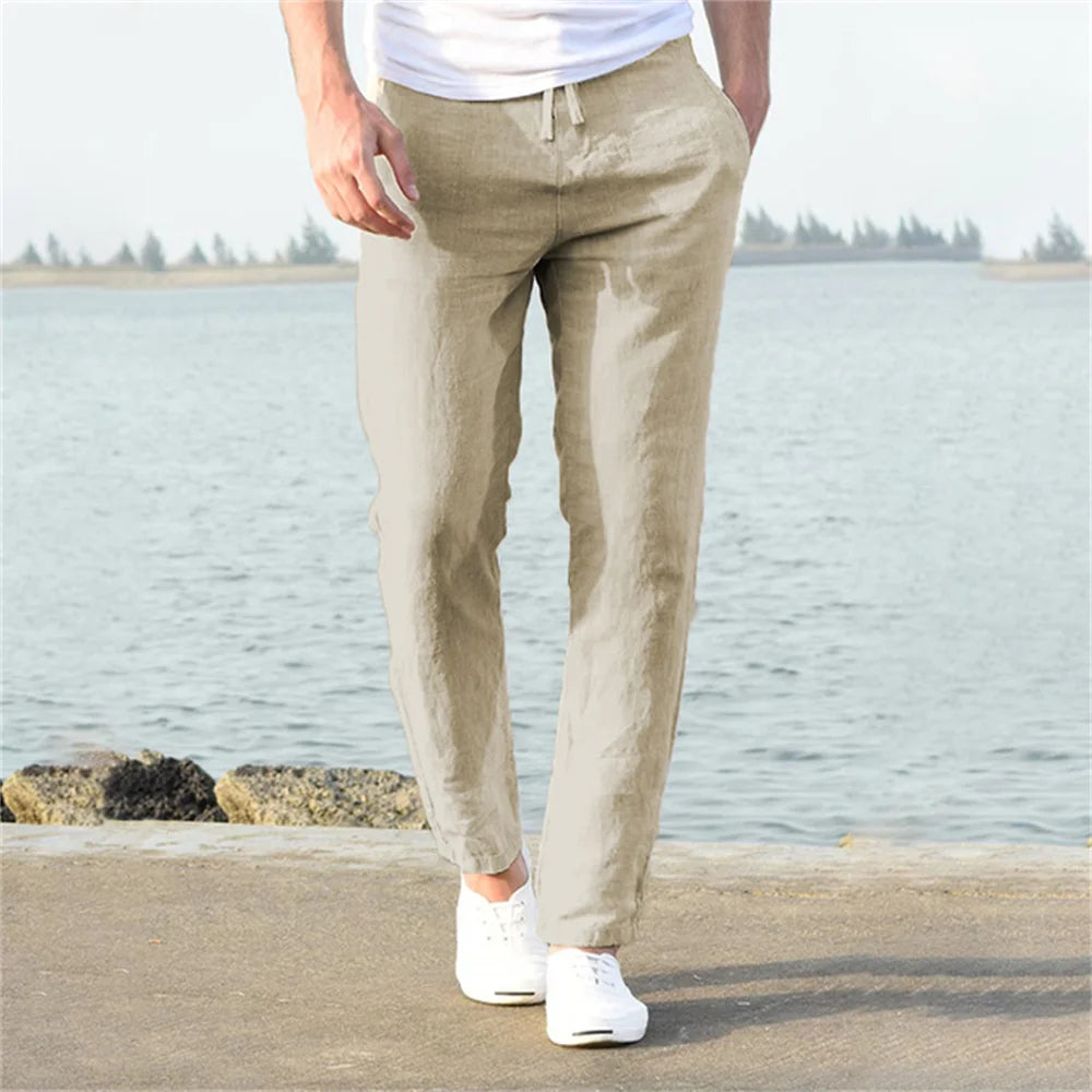 Men'S Cotton Linen Pants Male Autumn New Breathable Solid Color Linen Trousers Fitness Streetwear S-3XL