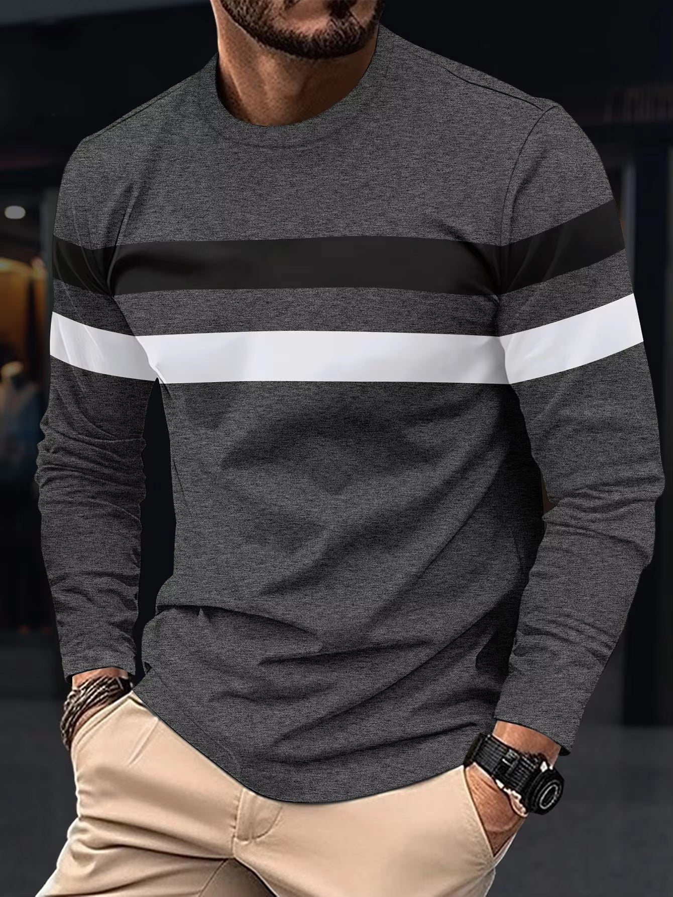 2024 Spring and Autumn Fashion Men'S Long Sleeve round Neck Splicing T-Shirt Business anti Wrinkle Street Wear Casual Top