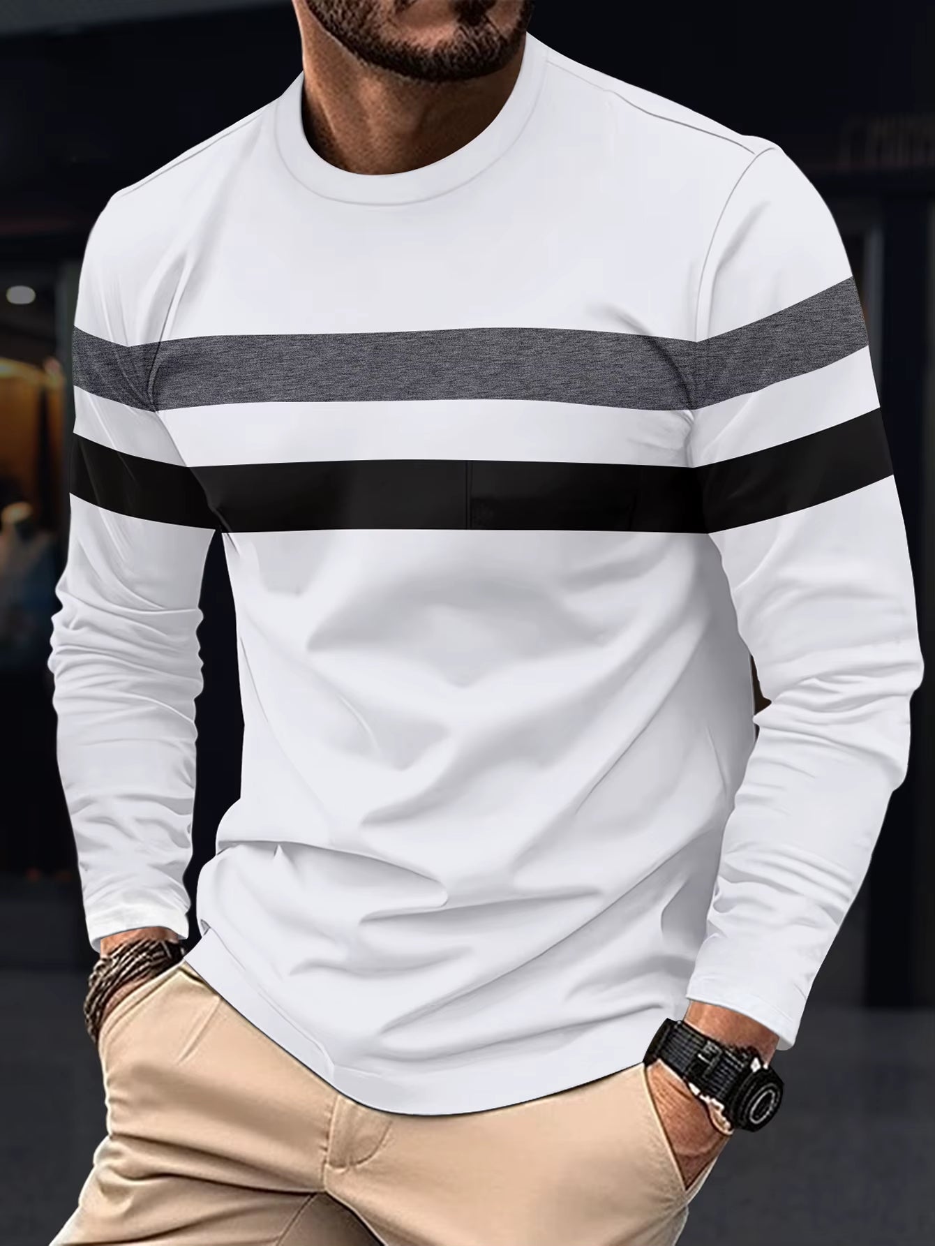 2024 Spring and Autumn Fashion Men'S Long Sleeve round Neck Splicing T-Shirt Business anti Wrinkle Street Wear Casual Top