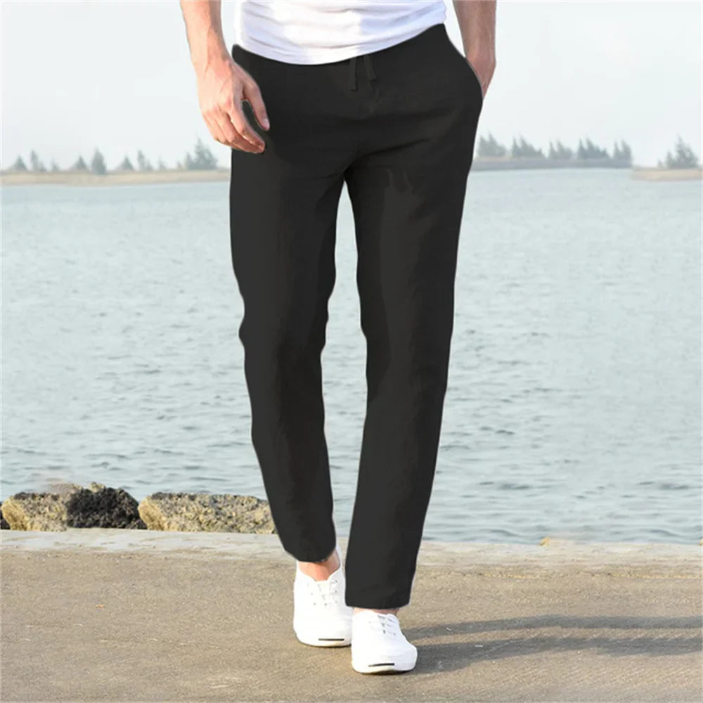 Men'S Cotton Linen Pants Male Autumn New Breathable Solid Color Linen Trousers Fitness Streetwear S-3XL