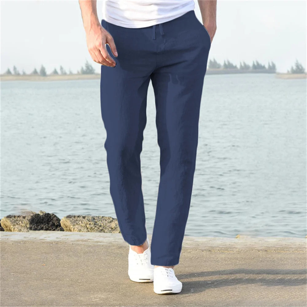 Men'S Cotton Linen Pants Male Autumn New Breathable Solid Color Linen Trousers Fitness Streetwear S-3XL