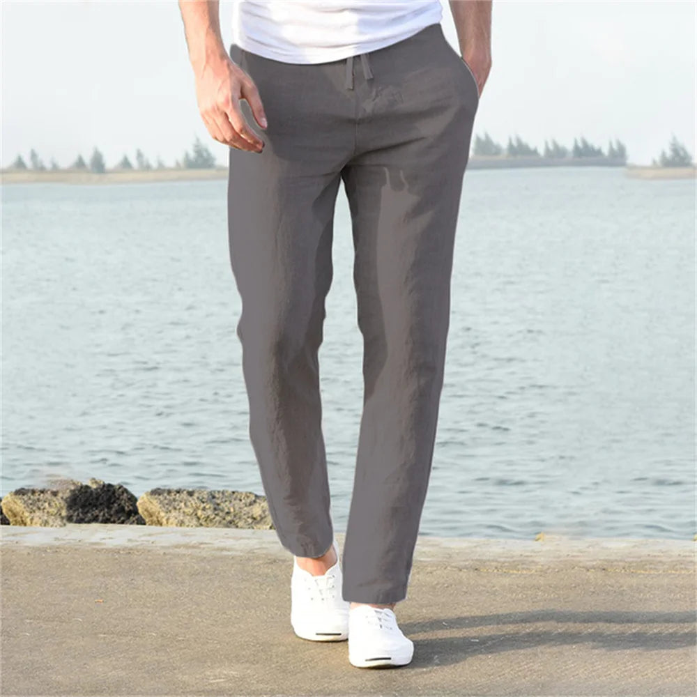 Men'S Cotton Linen Pants Male Autumn New Breathable Solid Color Linen Trousers Fitness Streetwear S-3XL