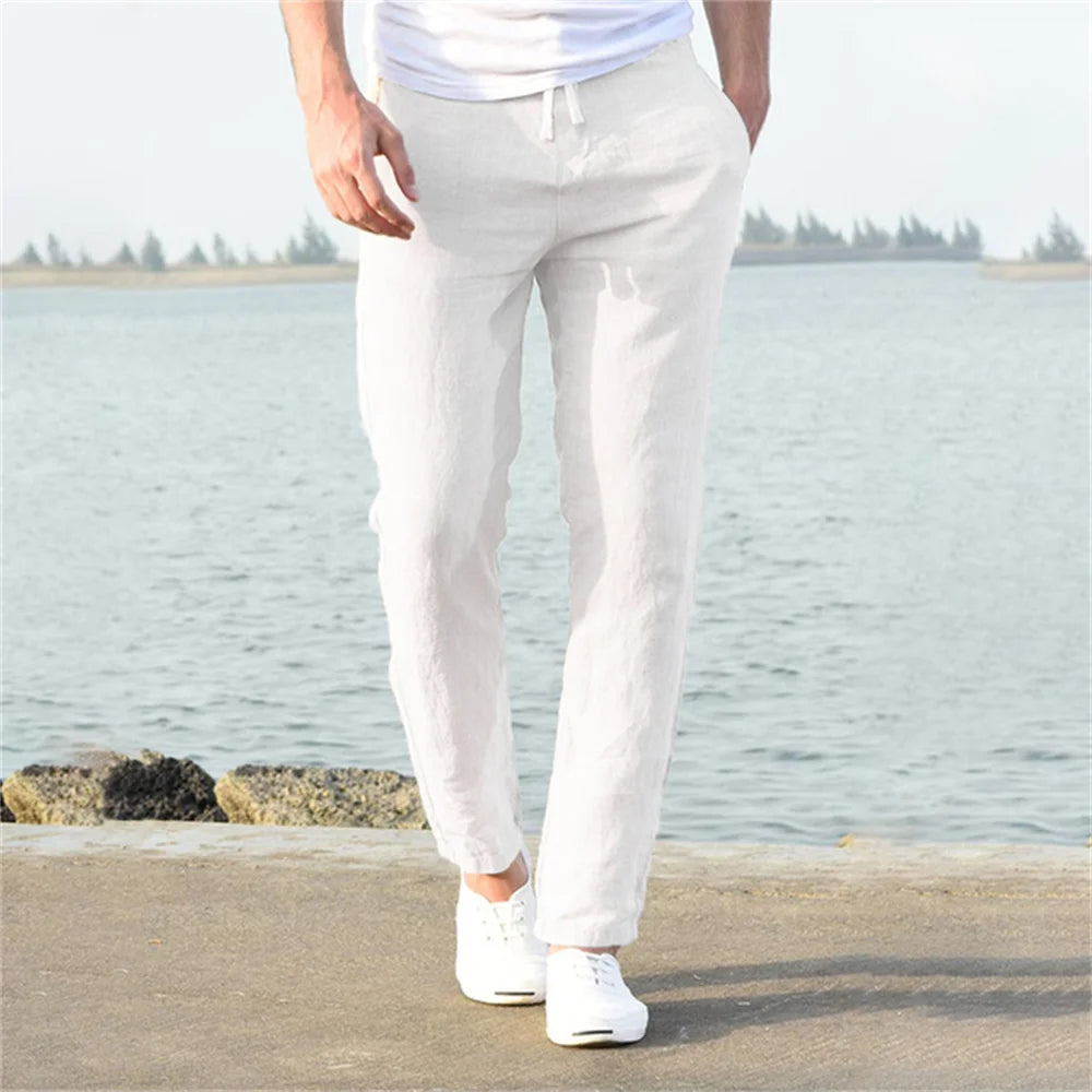 Men'S Cotton Linen Pants Male Autumn New Breathable Solid Color Linen Trousers Fitness Streetwear S-3XL