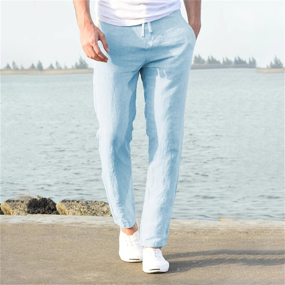 Men'S Cotton Linen Pants Male Autumn New Breathable Solid Color Linen Trousers Fitness Streetwear S-3XL